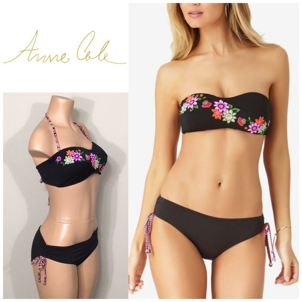 Anne Cole black and floral bandeau bikini.…